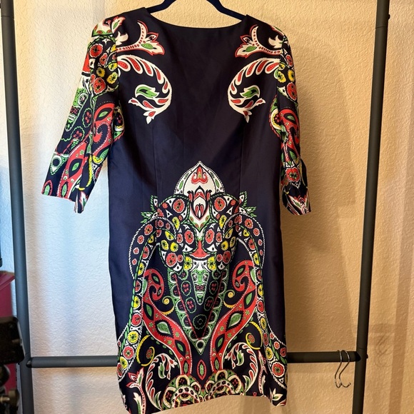 LOFT Navy Paisley Floral Print Shift Dress 4 V-Neck 3/4 Bell Sleeve. - Picture 3 of 11